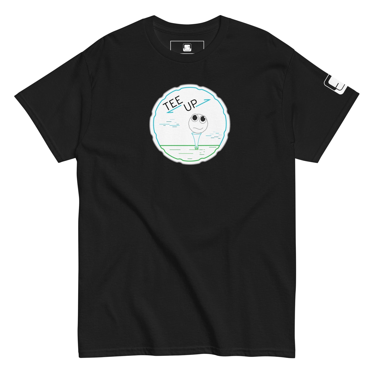 A black t-shirt displayed flat, featuring a central graphic that whimsically depicts a golf theme. The design showcases a happy golf ball character sitting on a tee within a light blue circular border that mimics the appearance of a golf hole. Above the character, the words "TEE UP" are playfully written, enhancing the lighthearted, sporty theme of the shirt. The graphic is simple yet effectively captures the essence of golfing, making it a fun choice for golf enthusiasts.