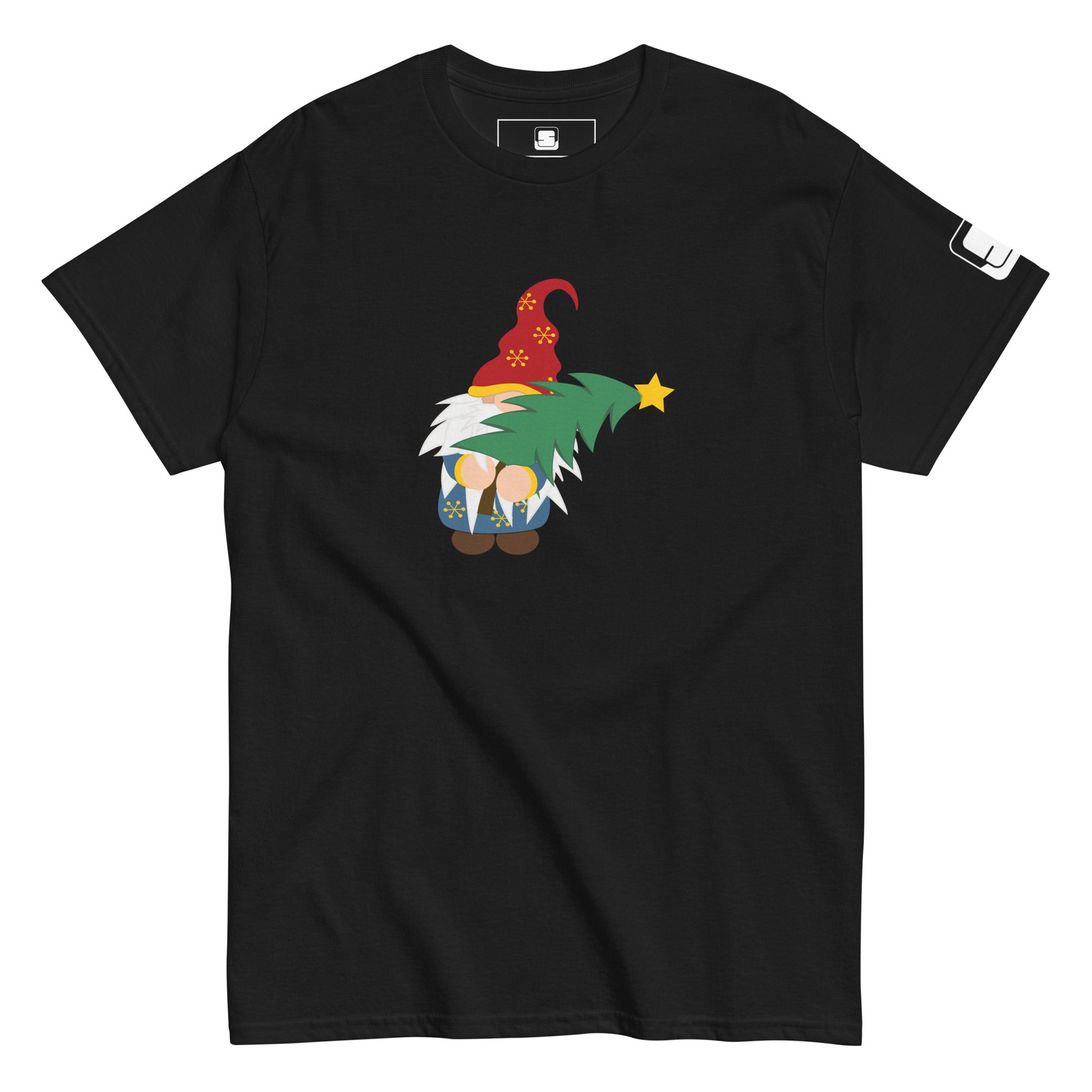 A black t-shirt featuring a festive gnome design. The gnome is depicted with a red hat adorned with golden snowflakes, and a long, flowing white beard. He carries a lush green Christmas tree over his shoulder, which is topped with a bright yellow star. The t-shirt has a relaxed fit and includes a small logo tag on the sleeve.