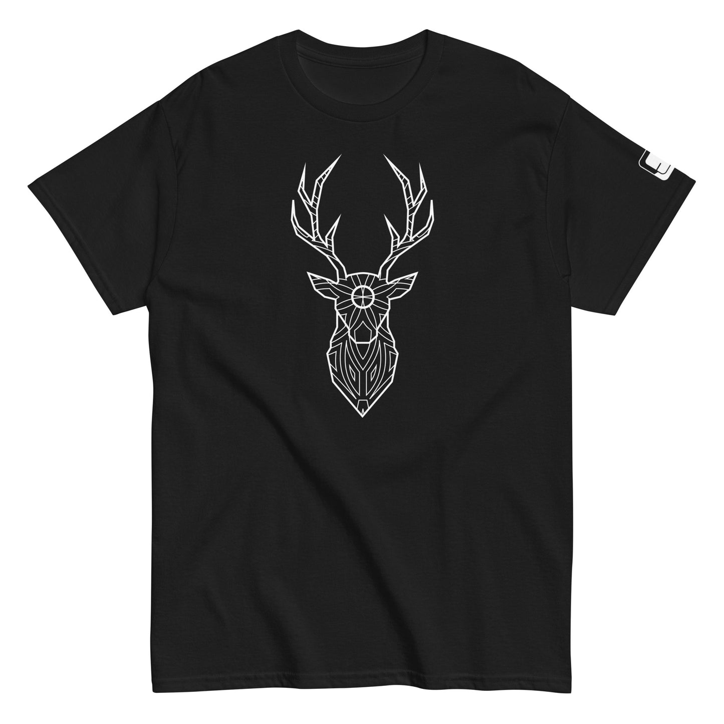 A plain black T-shirt laid flat, displaying a central white geometric stag head design with intricate patterns and a sun-like circle at the neck.