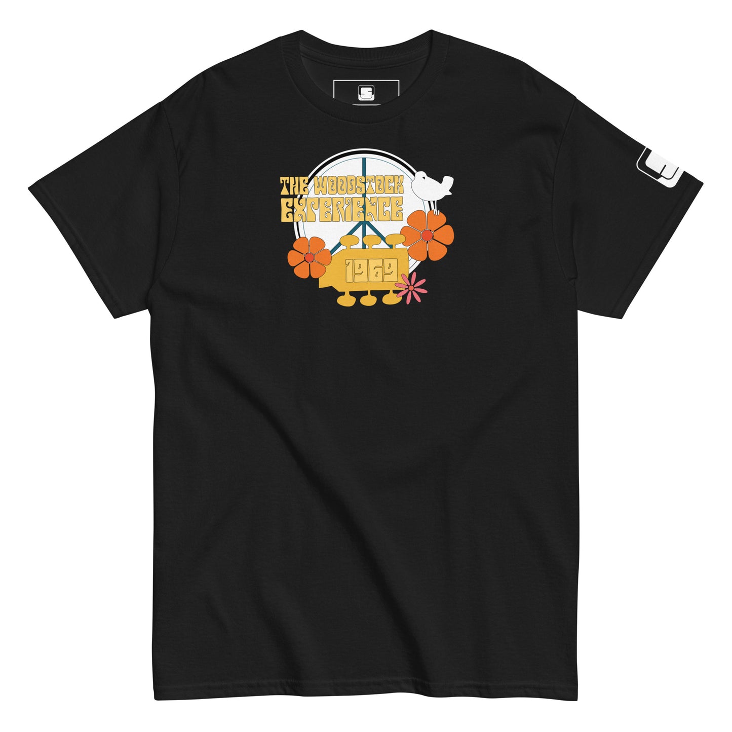 A black t-shirt displayed flat with the "The Woodstock Experience 1969" graphic centered on the chest. The design features a teal peace symbol  with the event's name  in front  in bold, stylized font. Flanking the peace symbol are vibrant orange and pink flowers. Perched atop the design is a white dove, symbolizing peace. The vintage-inspired graphic evokes the spirit of the iconic music festival.