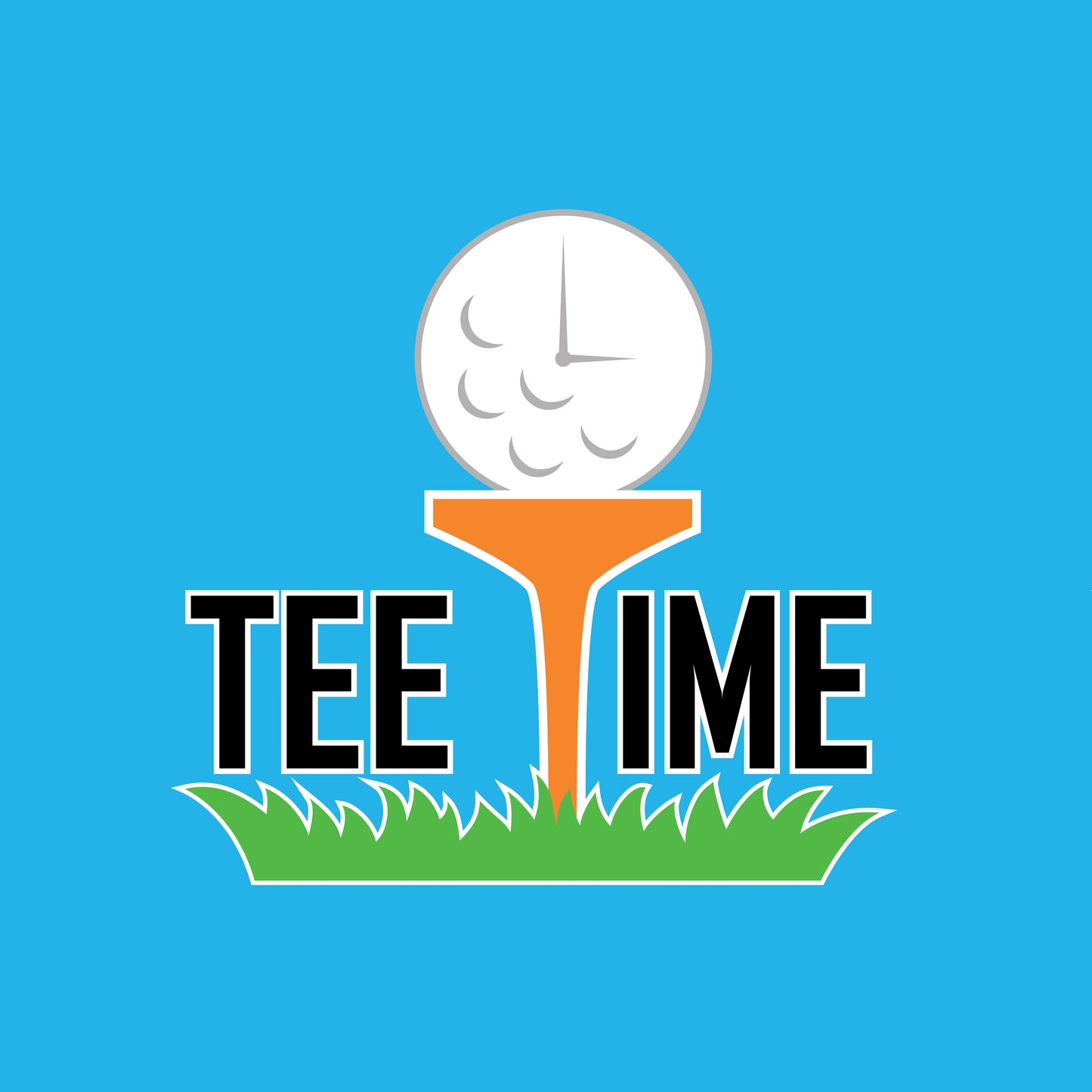 'Tee Time' graphic showing a golf ball character on grass on the chest and a small logo patch on the sleeve, against a blue background.