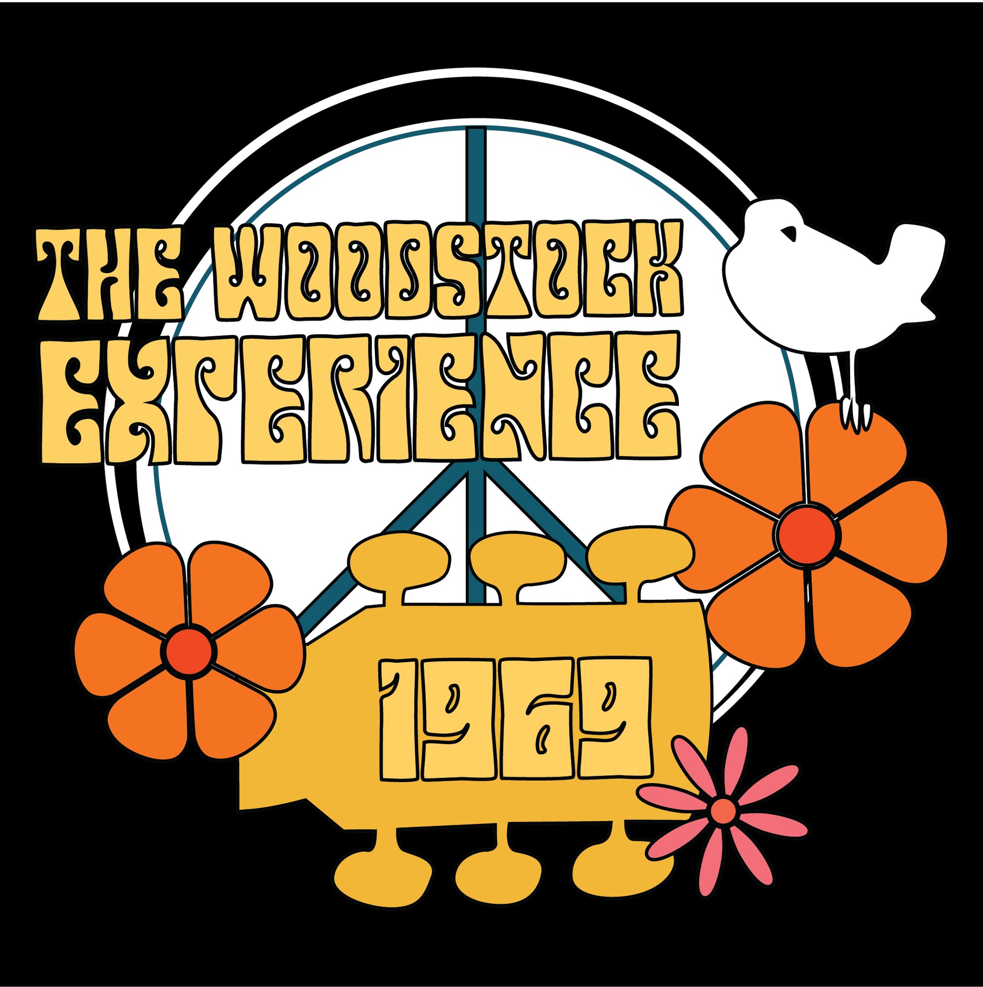 A vibrant and nostalgic graphic representing "The Woodstock Experience 1969". This design features bold, retro-style lettering atop a stylized peace symbol background framed by a circular border. Orange and pink flowers, indicative of the 1960s counterculture and peace movements, adorn the bottom. A simple white dove perches on the upper right, symbolizing peace. The overall composition captures the essence of the iconic Woodstock music festival, emphasizing peace, music, and the free-spirited vibe of the e