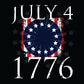 A graphic design celebrating Independence Day with the text "July 4, 1776" prominently displayed in large, distressed white font. The center features a large circular motif filled with stars against a navy blue backdrop, flanked by vertical red and white stripes on both sides, symbolizing the American flag. The overall design has a vintage, worn look, creating a patriotic feel.