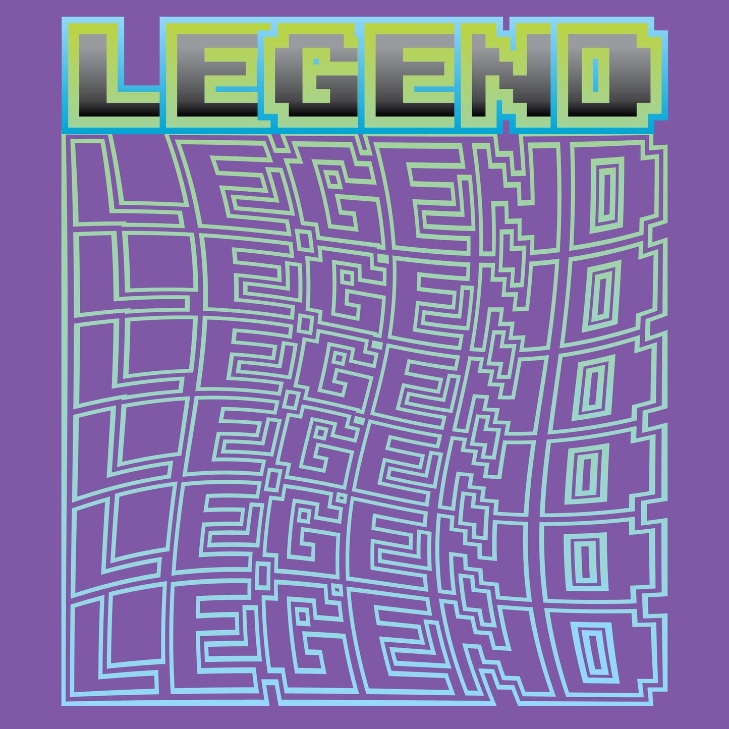 The image displays a striking graphic design featuring the word "LEGEND" in bold, 3D-style letters shaded in gradients of gray and blue, placed against a backdrop that mimics a neon maze or circuit board in shades of purple and blue. The repetitive layout of the word creates a visual echo effect, adding depth and a digital, futuristic feel to the overall design. The palette of cool tones enhances the high-tech vibe.