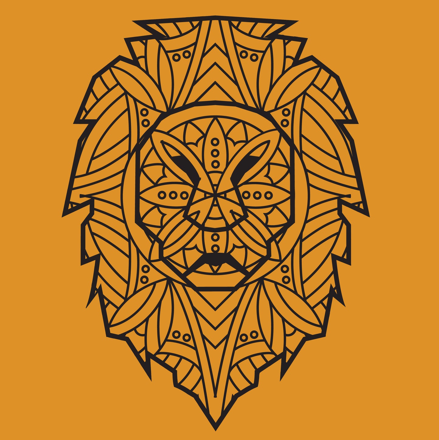 A detailed, geometric line art of a lion's head on an orange background. The design features intricate patterns and symmetrical shapes forming the facial features and mane of the lion, emphasizing a regal and majestic appearance.