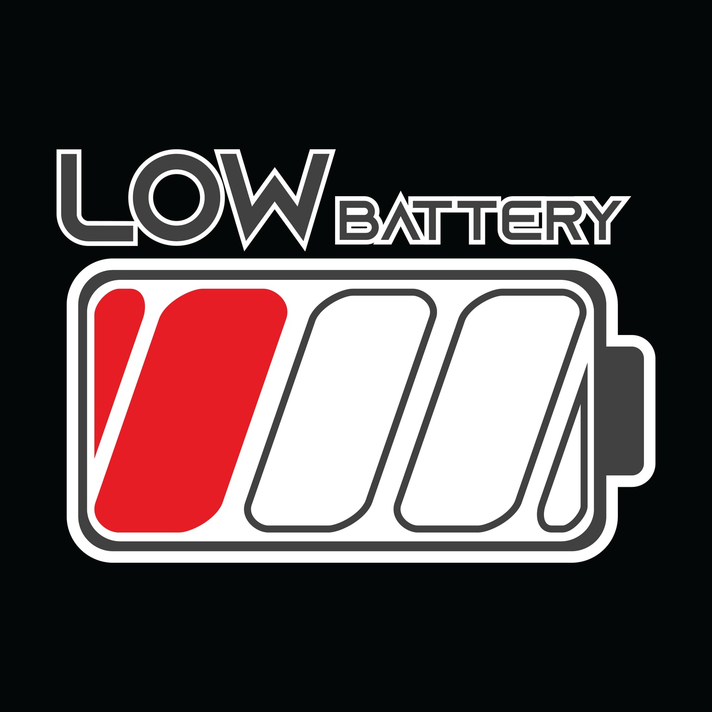 the lettering is grey with a white outline

ChatGPT said:
ChatGPT
A graphic design featuring the phrase "LOW BATTERY" in bold, grey uppercase letters with a white outline above a battery icon. The battery, also outlined in white, is partially filled with one segment in red, indicating a low charge level. The graphic uses contrasting colors and clear visual symbols to effectively communicate the concept of low power, set against a black background to enhance visibility and emphasis.