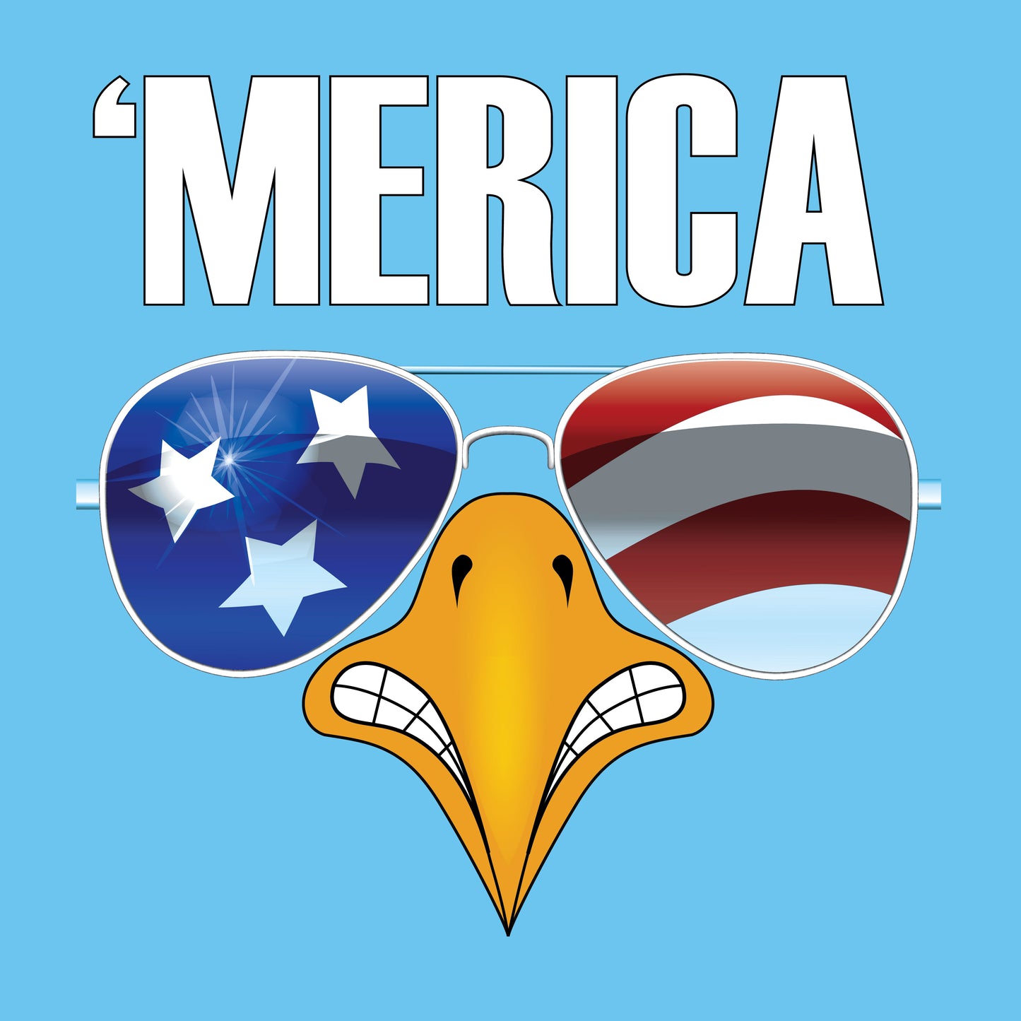 The image features a playful graphic design that combines American symbolism with humor. It shows a smiling eagle's beak adorned with oversized sunglasses reflecting the American flag. The left lens showcases a blue background with white stars, while the right lens displays red and white stripes, creating a creative take on patriotic themes. Above the eagle, the word 'MERICA is boldly displayed in large, white capital letters on a sky-blue background, emphasizing a casual and fun American spirit.