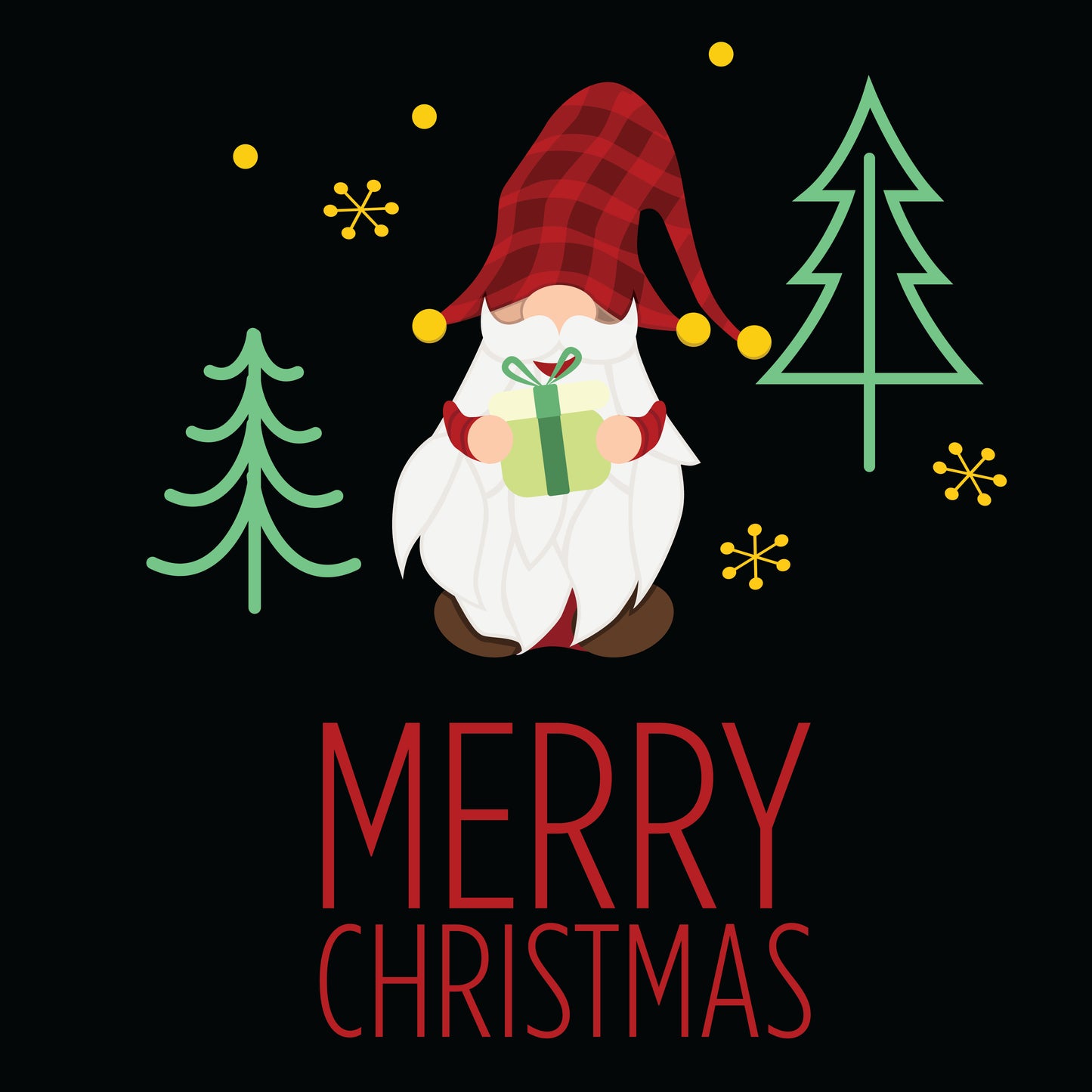 A charming holiday graphic featuring a whimsical Santa Claus holding a green gift, set against a black background. Santa, depicted with a flowing white beard and a red checkered hat, stands beside two stylized green pine trees under a sprinkle of golden snowflakes. Below the image, the greeting 'MERRY CHRISTMAS' is written in bold red letters.