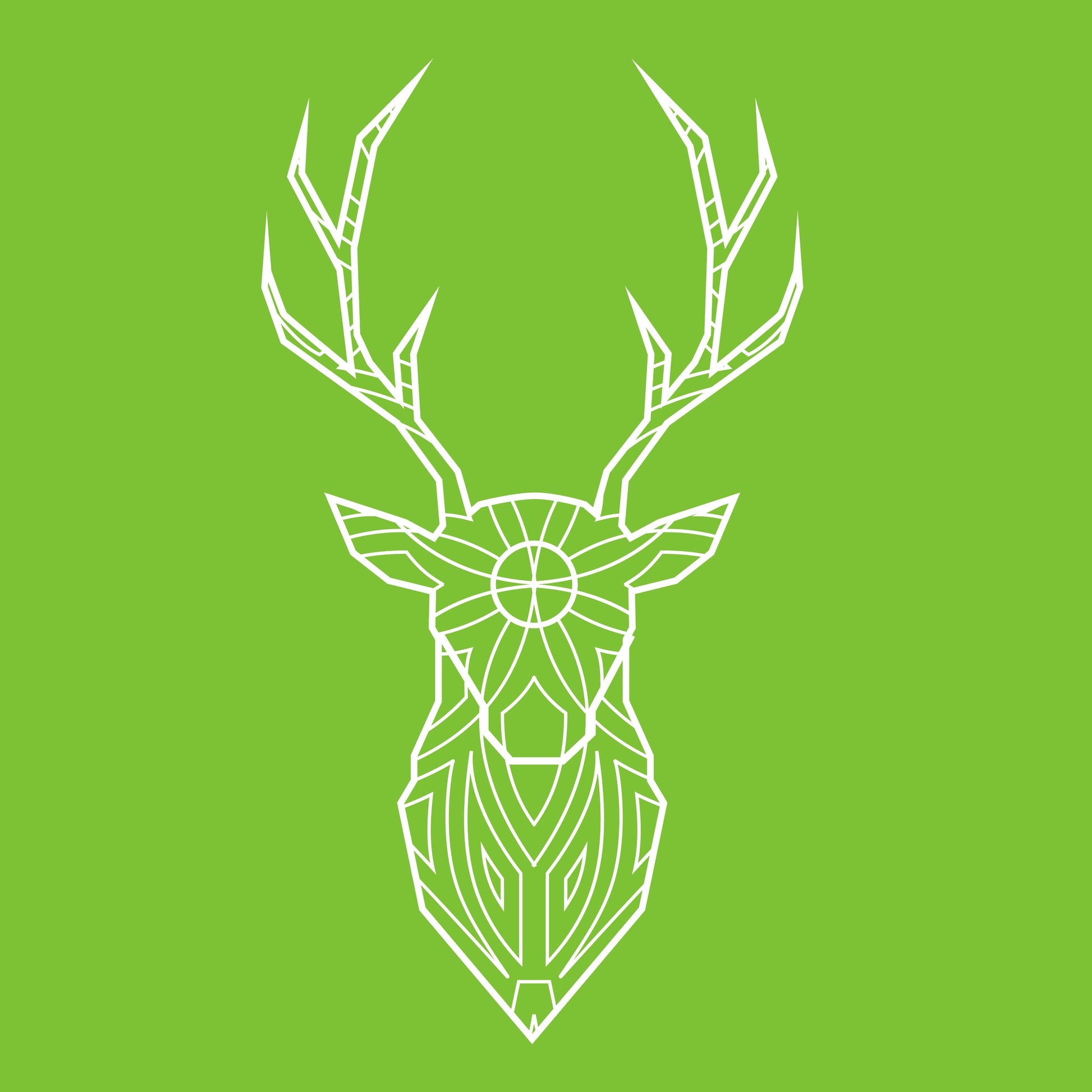 Graphic of a stylized stag head with expansive antlers, designed in white geometric lines on a solid green background. The stag's features are elegantly simplified into triangular and diamond shapes, creating a modern, abstract representation of the animal.