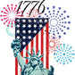 A vibrant graphic for a t-shirt featuring a patriotic '1776' theme. The design showcases the Statue of Liberty in front of a stylized American flag with red and white stripes and a field of stars, accented by colorful fireworks in red, white, and blue bursting in the background.