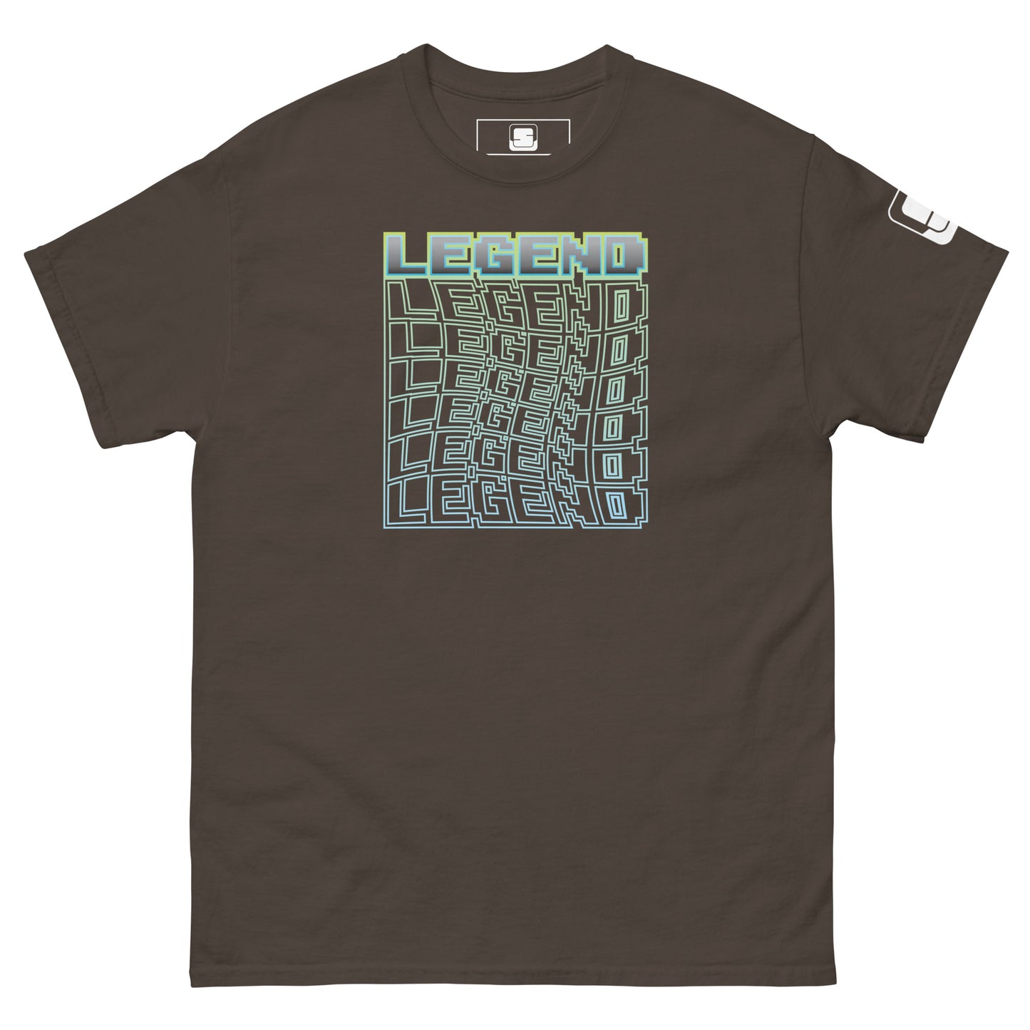 Dark brown t-shirt laid flat, showcasing a green-to-blue gradient 'LEGEND' text in a 3D cube illusion design, with a logo tag on the sleeve, against a clean white background.