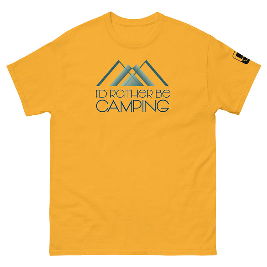 A vibrant yellow t-shirt featuring the graphic "I'D RATHER BE CAMPING" in a sleek, modern font, positioned above an illustration of two teal mountain peaks. The design is centered on the chest area, complementing the shirt's bold color. The t-shirt also has a small logo tag on the right sleeve, adding a subtle detail to its outdoorsy theme.