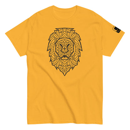 Gold colored t-shirt with a large black geometric lion head design on the chest and a small square logo patch on the sleeve, against a white background.