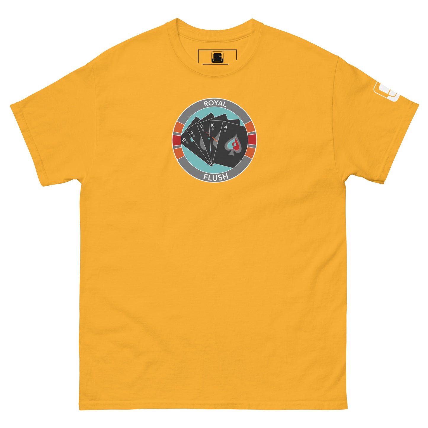 A vibrant mustard yellow t-shirt features a central graphic designed to resemble a poker chip. This striking design displays a royal flush in spades set against a multicolored background of teal, red, and gray segments, with the words "ROYAL FLUSH" prominently displayed at the top. The graphic’s bold colors stand out against the yellow fabric, enhancing the shirt's appeal to poker enthusiasts and casual wearers alike.