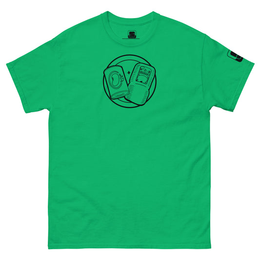  A bright green t-shirt is laid flat, featuring a circular emblem in black line art on the chest. The emblem shows a can of beans and a packet of bologna with a "+" sign between them. The t-shirt also has a small black logo patch on the right sleeve. The bold green color and playful design against the plain background give the shirt a relaxed, stylish, and fun vibe.