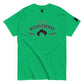 A vibrant green t-shirt displays the phrase "I'm Your Huckleberry" in bold black lettering curved above a stylized black silhouette of a cowboy hat, complemented by elegant black filigree on either side. This Western theme is captured neatly on the t-shirt's broad front.