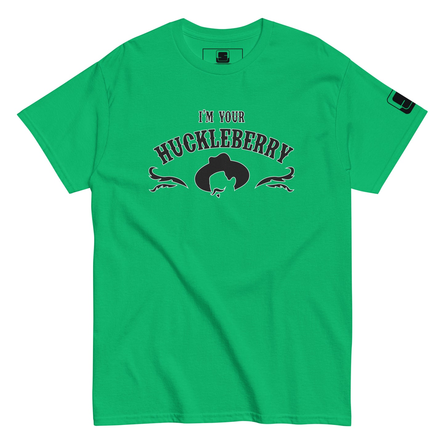 A vibrant green t-shirt displays the phrase "I'm Your Huckleberry" in bold black lettering curved above a stylized black silhouette of a cowboy hat, complemented by elegant black filigree on either side. This Western theme is captured neatly on the t-shirt's broad front.