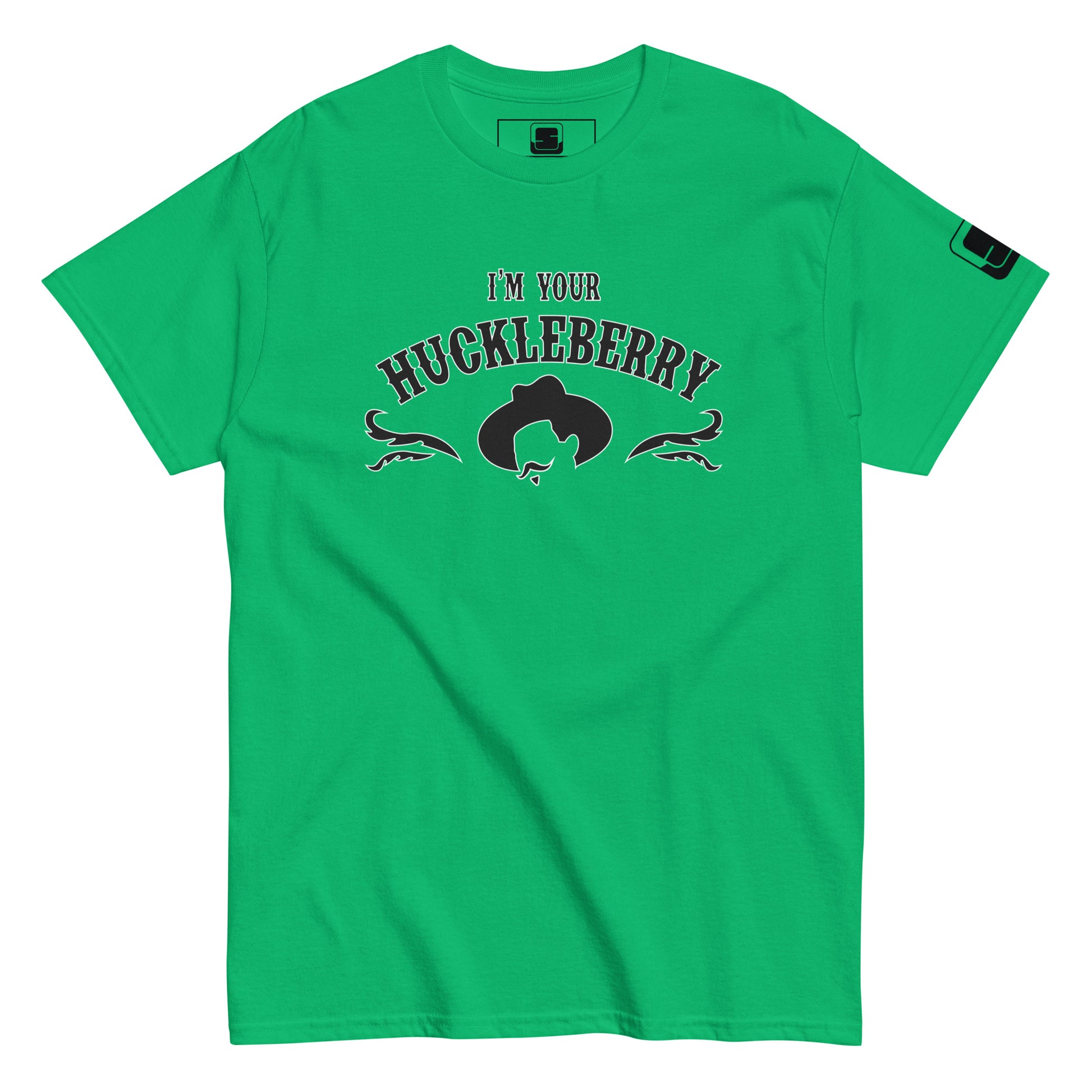 A vibrant green t-shirt displays the phrase "I'm Your Huckleberry" in bold black lettering curved above a stylized black silhouette of a cowboy hat, complemented by elegant black filigree on either side. This Western theme is captured neatly on the t-shirt's broad front.