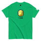 A vibrant green t-shirt displaying a pixel art design of a golden coin with the letter 'S' in the center and the multiplier "x 100" below it. The design is simple yet eye-catching, set against the fresh green background of the shirt, which also features a small logo on the sleeve. The shirt's classic cut adds to its casual appeal.