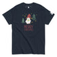 Navy blue tee shirt featuring a charming Santa Claus graphic with a fluffy white beard and red hat, set between two green pine trees under a sprinkle of golden stars. The festive greeting 'Merry Christmas' is elegantly scripted in red below the image.