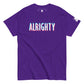 A vivid purple t-shirt laid flat, featuring the word "ALRIGHTY" printed across the chest in large, bold letters with a colorful gradient that transitions from pink to white to light blue, creating a 3D effect. The t-shirt has a classic crew neck and short sleeves, with a small logo patch on the left sleeve. The design's playful font and bright colors stand out against the deep purple background, giving the shirt a fun and upbeat vibe.