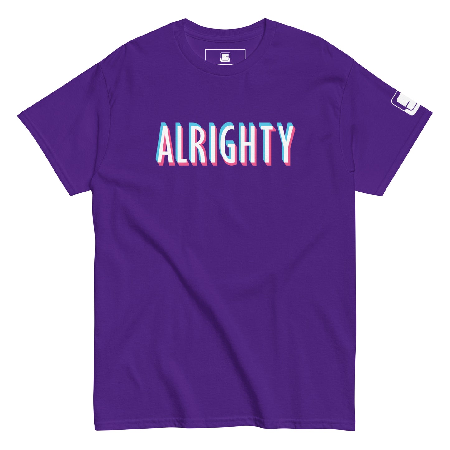 A vivid purple t-shirt laid flat, featuring the word "ALRIGHTY" printed across the chest in large, bold letters with a colorful gradient that transitions from pink to white to light blue, creating a 3D effect. The t-shirt has a classic crew neck and short sleeves, with a small logo patch on the left sleeve. The design's playful font and bright colors stand out against the deep purple background, giving the shirt a fun and upbeat vibe.