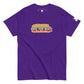 Vibrant purple t-shirt featuring a colorful 'FEED THE BEAST' sandwich graphic design. The design showcases a sandwich in earthy tones with pink lettering integrated creatively to represent the sandwich filling, giving it a playful and eye-catching appearance.