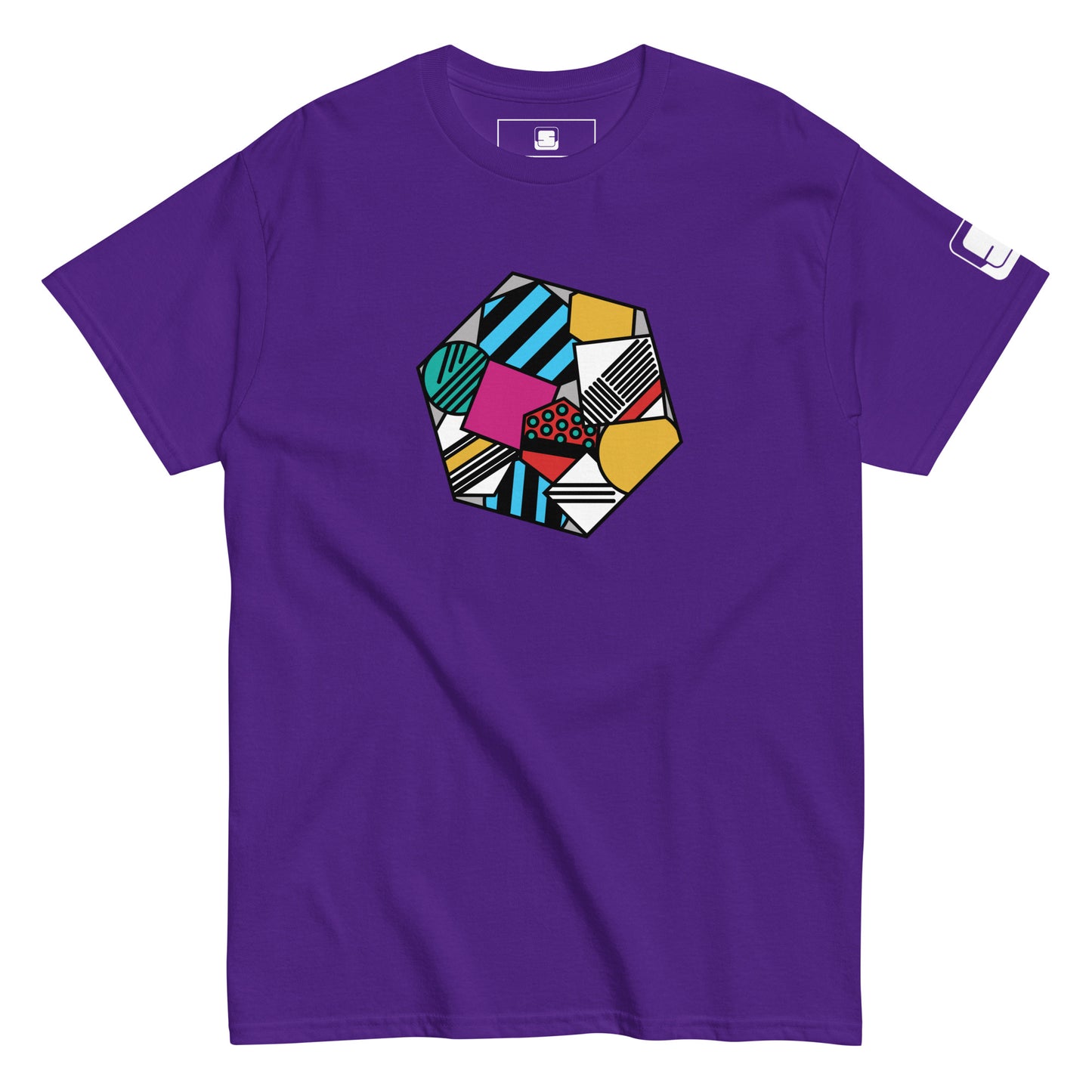 Purple tee shirt showcasing a dynamic geometric pattern in a hexagon shape on the chest. The design includes a mix of stripes, dots, and diverse textures in blue, green, yellow, and red.