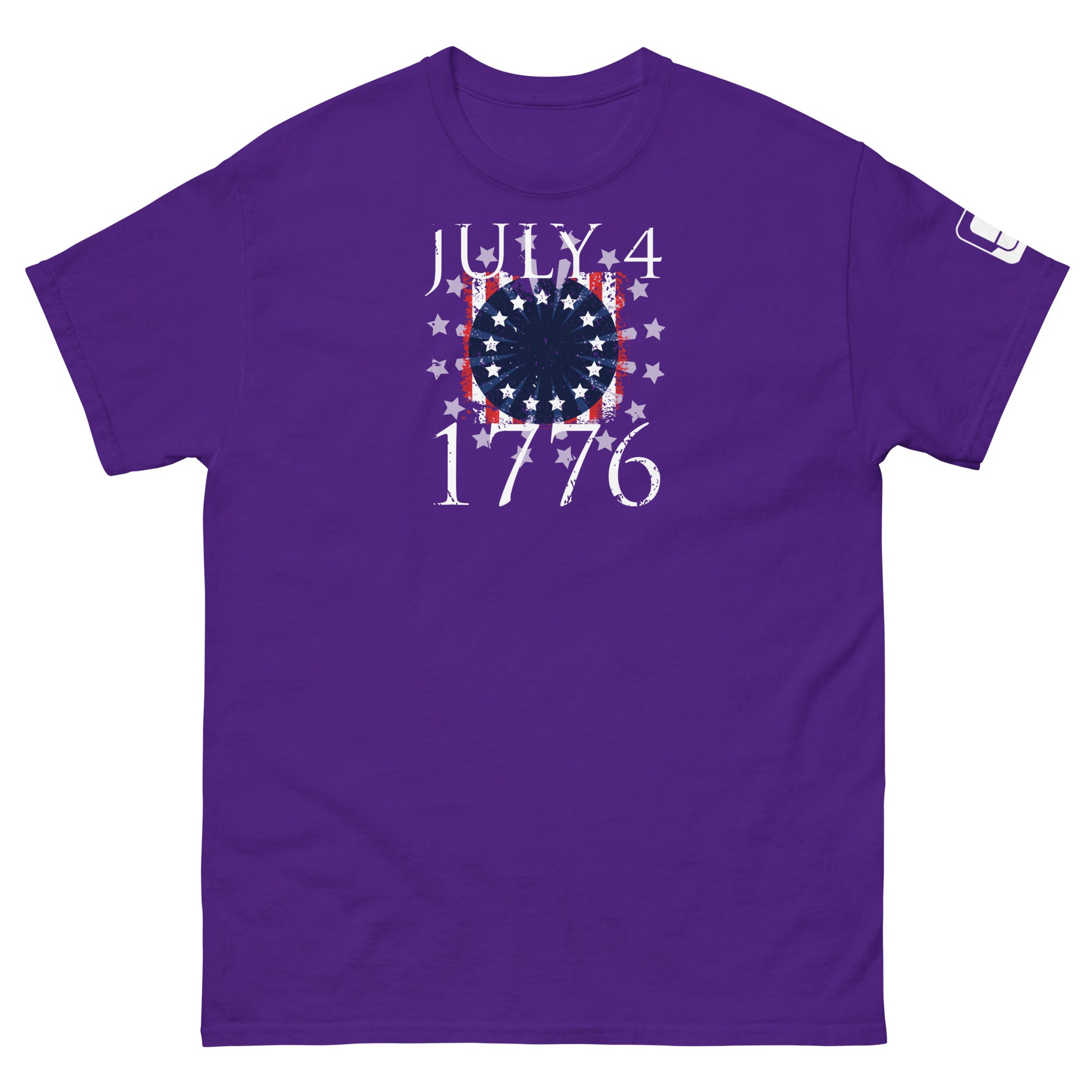 A vibrant purple t-shirt displayed flat, featuring a patriotic "July 4, 1776" graphic design in white. The design includes a motif of the American flag with red and white stripes and a blue field of white stars arranged in a circular pattern to evoke a celebratory firework. The design is both eye-catching and symbolic, celebrating American independence and ideal for Fourth of July festivities.