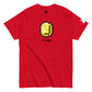  A bold red t-shirt featuring a pixel art style golden coin with the letter 'S' in the center and the text "x 100" below. The vibrant red color of the shirt makes the yellow and white pixel design pop, offering a striking visual contrast. The shirt also sports a small logo on the sleeve, enhancing its trendy and eye-catching appeal.