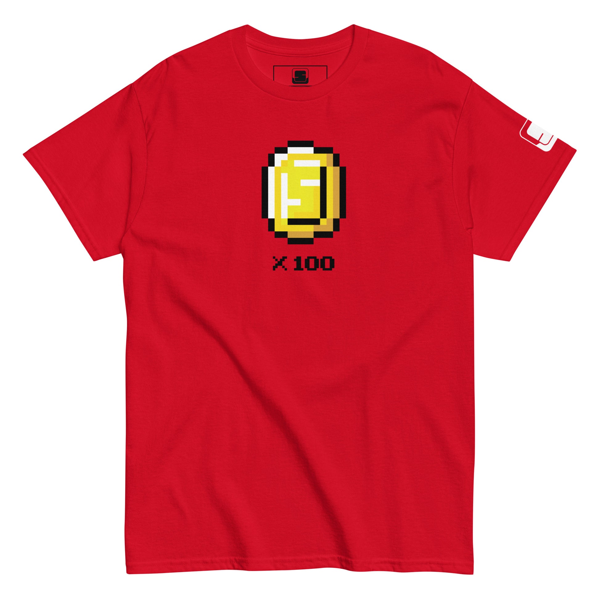  A bold red t-shirt featuring a pixel art style golden coin with the letter 'S' in the center and the text "x 100" below. The vibrant red color of the shirt makes the yellow and white pixel design pop, offering a striking visual contrast. The shirt also sports a small logo on the sleeve, enhancing its trendy and eye-catching appeal.