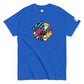 Product mockupA vibrant royal blue tee shirt showcasing a central geometric art piece. The design features a bold hexagon filled with varied patterns including stripes, dots, and abstract shapes in a palette of teal, pink, yellow, and white, all set against a striking black background within the hexagon. This colorful graphic adds a pop of fun and modern flair to the simple blue tee.