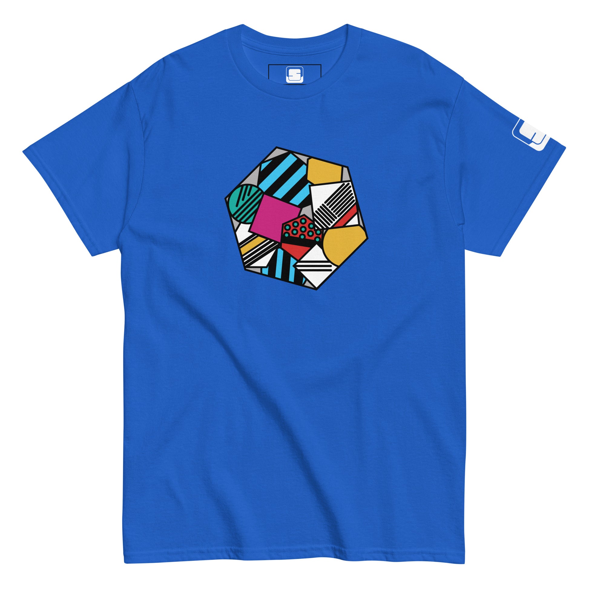 Product mockupA vibrant royal blue tee shirt showcasing a central geometric art piece. The design features a bold hexagon filled with varied patterns including stripes, dots, and abstract shapes in a palette of teal, pink, yellow, and white, all set against a striking black background within the hexagon. This colorful graphic adds a pop of fun and modern flair to the simple blue tee.