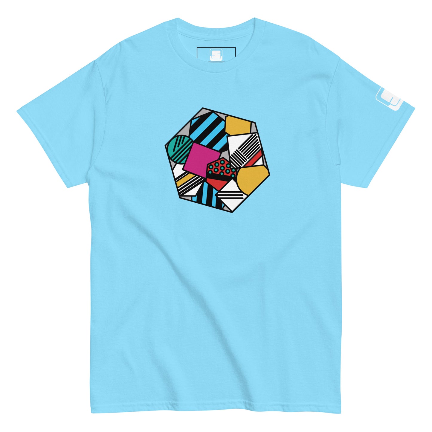 A light blue tee shirt featuring a modern, geometric art design in the center. The design includes an abstract, six-sided shape filled with various patterns in teal, black, pink, yellow, and white. This vibrant and colorful pattern stands out against the plain blue background of the shirt, making it eye-catching and stylish.
