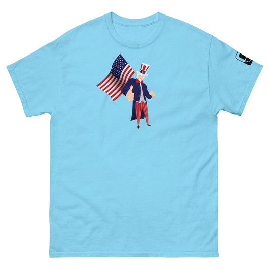 A sky blue t-shirt features a graphic of Uncle Sam giving a thumbs-up while holding the American flag. He is dressed in his iconic red, white, and blue top hat and suit. The graphic adds a playful and patriotic touch to the casual t-shirt, ideal for festive occasions or everyday wear.