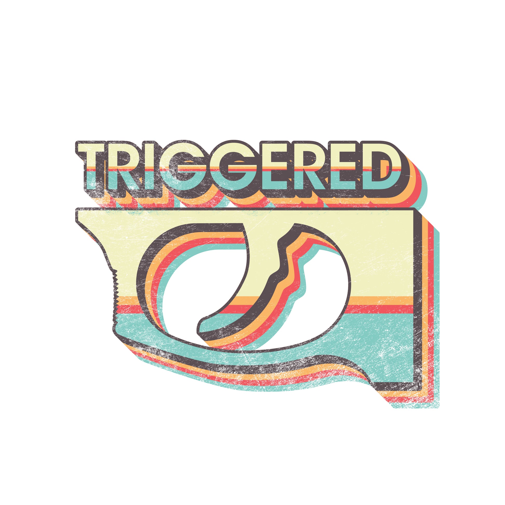 A retro-styled graphic featuring the word "TRIGGERED" in bold, uppercase letters with a distressed texture. The text overlays a vintage-inspired design of a trigger shape filled with layered, curved stripes in muted tones of orange, red, yellow, teal, and cream. The design has a faded and weathered appearance, giving it a nostalgic and edgy vibe.