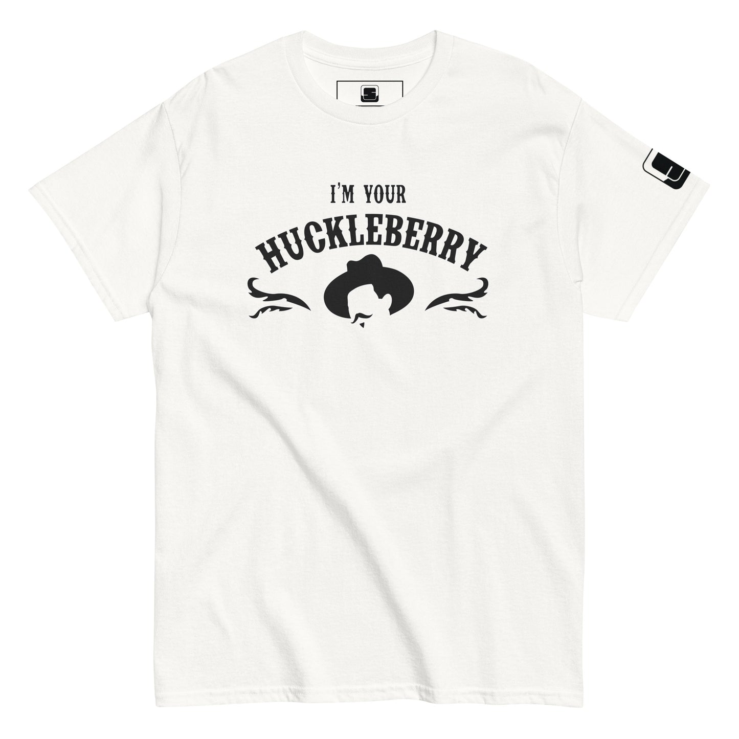 A white t-shirt features the playful black text "I'm Your Huckleberry" curved above a graphic of a stylized cowboy hat, underscored by elegant filigree. This Western-themed design, set against the t-shirt's plain background, offers a fun nod to classic Americana with a modern twist.