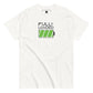 A plain white t-shirt features the phrase "FULLY LOADED" in sleek, black uppercase letters above a vibrant green battery icon showing full charge. The design is centered on the chest, offering a clean and modern look that cleverly combines technology themes with casual fashion. The shirt's simple color scheme highlights the graphic, making it both eye-catching and straightforward.