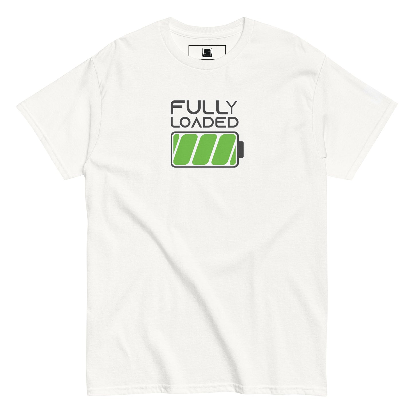 A plain white t-shirt features the phrase "FULLY LOADED" in sleek, black uppercase letters above a vibrant green battery icon showing full charge. The design is centered on the chest, offering a clean and modern look that cleverly combines technology themes with casual fashion. The shirt's simple color scheme highlights the graphic, making it both eye-catching and straightforward.