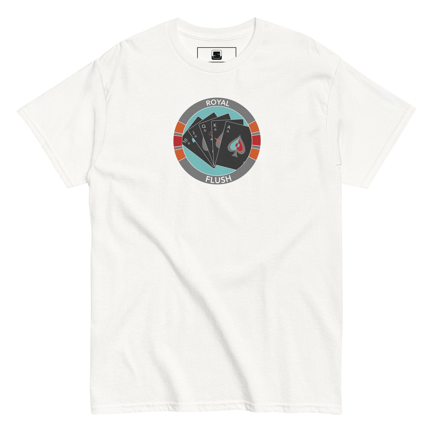 A plain white t-shirt features a centered circular design resembling a poker chip in red, teal, and gray colors. The design displays the royal flush hand in spades, with the ace prominently visible, labeled "ROYAL FLUSH" at the top. The shirt's straightforward and clean appearance highlights the poker theme, making it a suitable choice for casual wear or themed events.