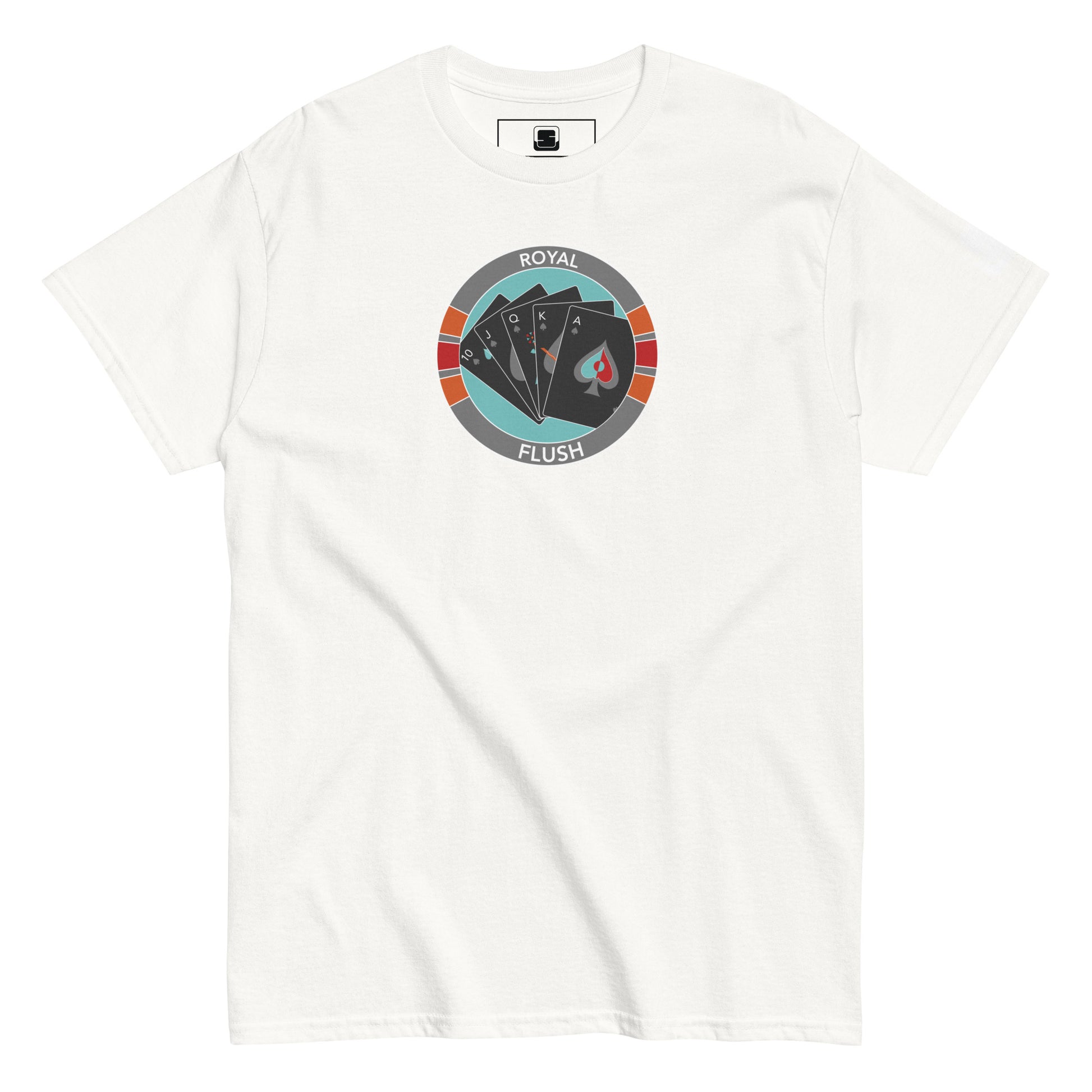 A plain white t-shirt features a centered circular design resembling a poker chip in red, teal, and gray colors. The design displays the royal flush hand in spades, with the ace prominently visible, labeled "ROYAL FLUSH" at the top. The shirt's straightforward and clean appearance highlights the poker theme, making it a suitable choice for casual wear or themed events.