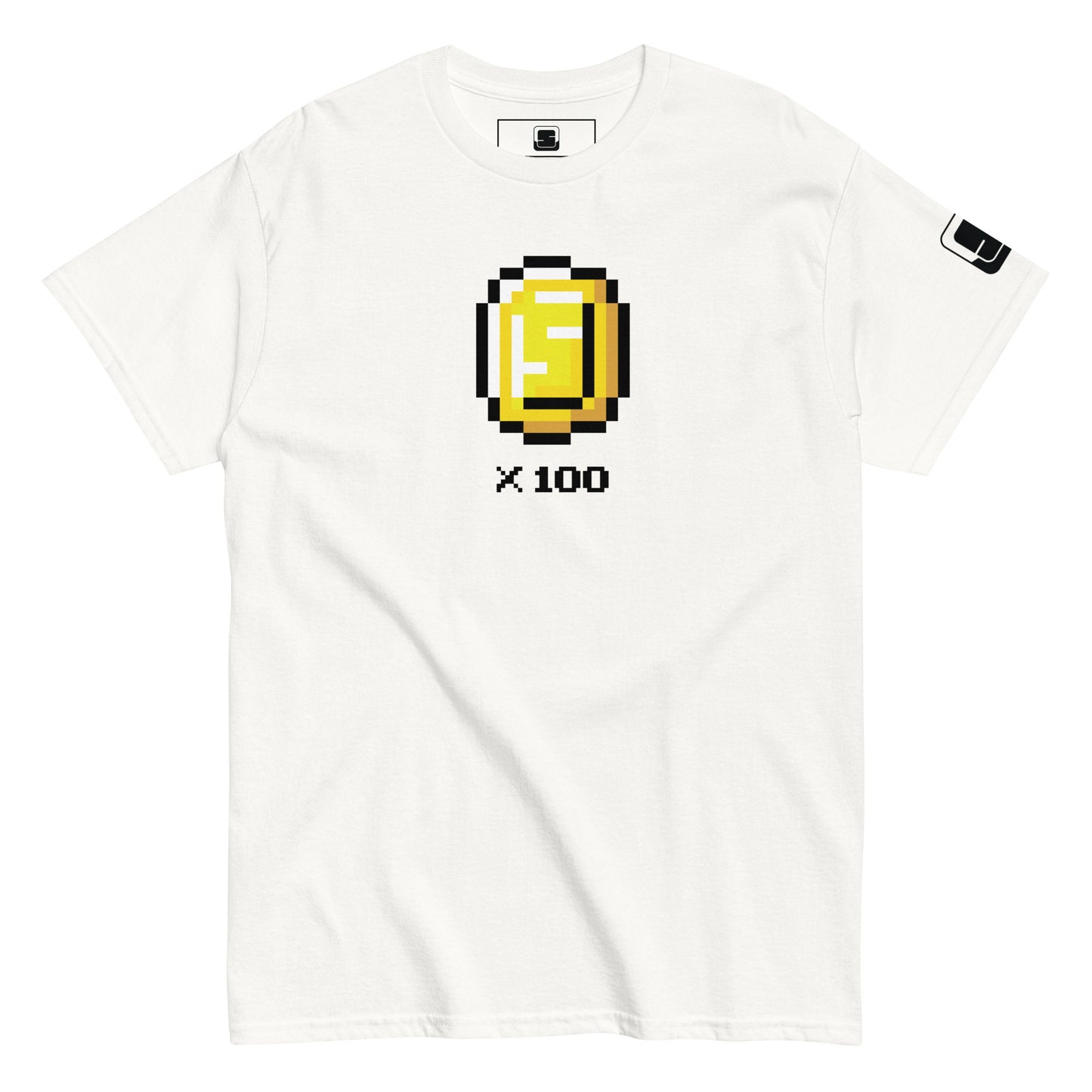 A clean white t-shirt featuring a pixel art style golden coin with the letter 'S' in the center and the text "x 100" below. The minimalistic design on the white fabric offers a classic yet playful look, enhanced by a small logo on the sleeve, adding a touch of modern branding to the casual style of the shirt.