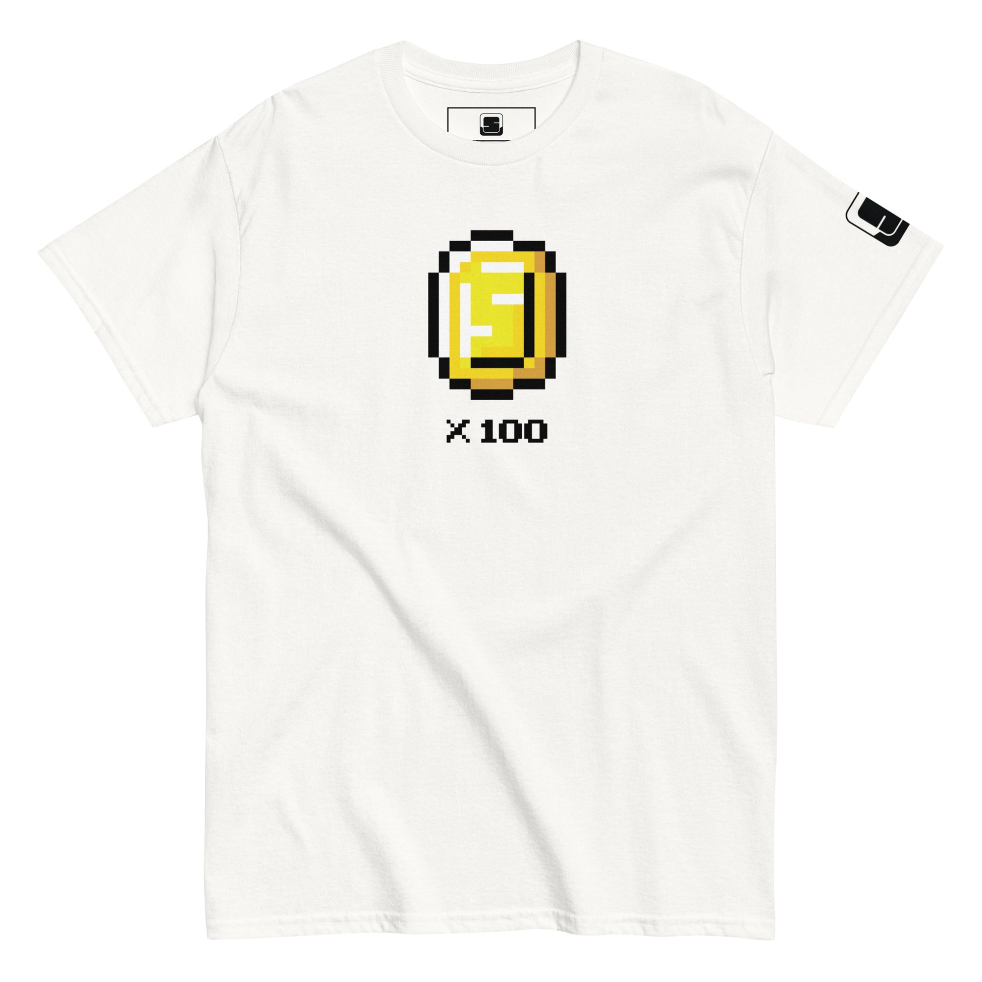 A clean white t-shirt featuring a pixel art style golden coin with the letter 'S' in the center and the text "x 100" below. The minimalistic design on the white fabric offers a classic yet playful look, enhanced by a small logo on the sleeve, adding a touch of modern branding to the casual style of the shirt.