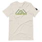 A light cream-colored t-shirt displays the stylish 'CAMPING CREW' design in a green to yellow gradient. The design cleverly incorporates three peaked mountain shapes within the letters, adding a sense of the great outdoors. The graphic's reflective green hues against the soft fabric color make it an ideal choice for nature enthusiasts.