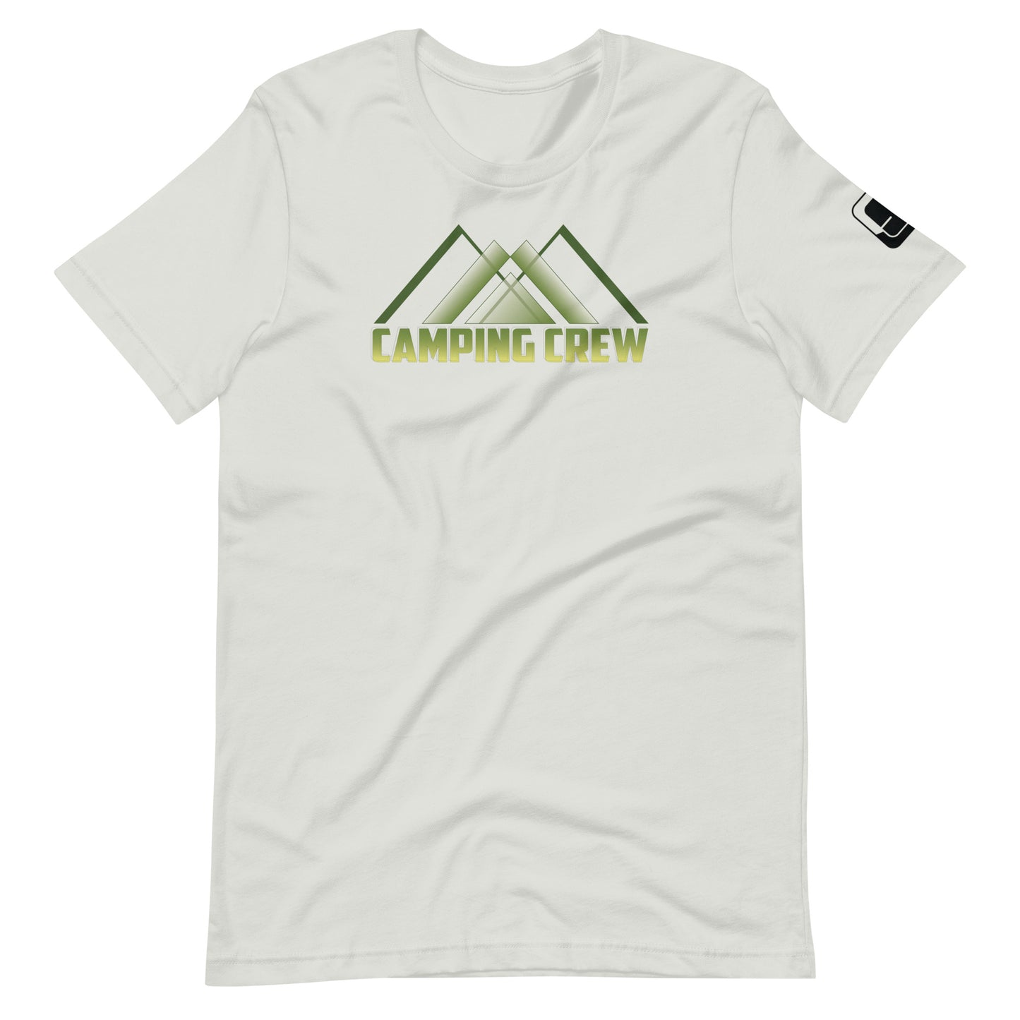 A light gray t-shirt showcases a striking 'CAMPING CREW' logo across the chest in a green to yellow  gradient. The text is creatively integrated with abstract mountain peaks, enhancing the outdoor adventure theme of the shirt. This design is perfect for nature enthusiasts who enjoy expressing their love for camping.