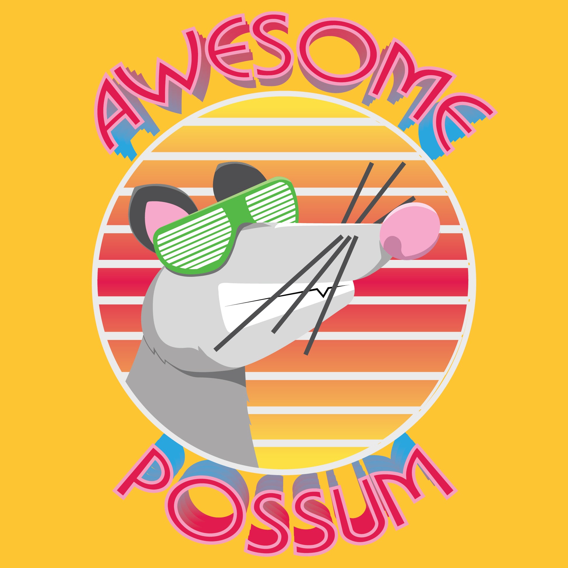 The image features a whimsical design titled "Awesome Possum." It showcases a cartoon possum's head wearing green sunglasses, centered within a golden yellow circle with orange and pink retro sunset stripes. Above and below the circle, the words "AWESOME" and "POSSUM" curve along the top and bottom edges in bold, colorful letters, adding a playful and lively vibe to the design.