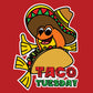 A playful illustration for "Taco Tuesday" featuring a cartoon fish, smiling and wearing a colorful sombrero, nestled inside a taco. The fish's vibrant orange color contrasts with the green lettuce and the taco's yellow shell. Above the taco, the phrase "Taco Tuesday" is styled in bold, decorative lettering. The background is a warm red, adding to the festive and cheerful theme of the image.