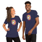 
A joyful Caucasian woman and an African American man are smiling and interacting while wearing matching navy blue t-shirts adorned with the playful "AWESOME POSSUM" graphic. The t-shirts display a vibrant design featuring a cartoon possum wearing green sunglasses, set against a multicolored backdrop that mimics a sunset. Both individuals appear casual and upbeat, exuding a friendly and relaxed demeanor.