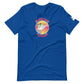 A vibrant royal blue t-shirt features a playful graphic of "AWESOME POSSUM" in a circular design. Centered on the shirt is a stylized possum wearing green sunglasses, set against a background of colorful horizontal stripes in sunset hues. The design creates a fun and eye-catching look on a casual t-shirt with a crew neck and short sleeves.