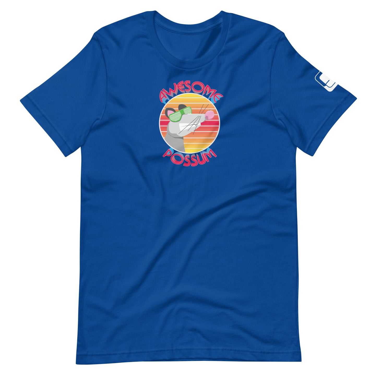 A vibrant royal blue t-shirt features a playful graphic of "AWESOME POSSUM" in a circular design. Centered on the shirt is a stylized possum wearing green sunglasses, set against a background of colorful horizontal stripes in sunset hues. The design creates a fun and eye-catching look on a casual t-shirt with a crew neck and short sleeves.